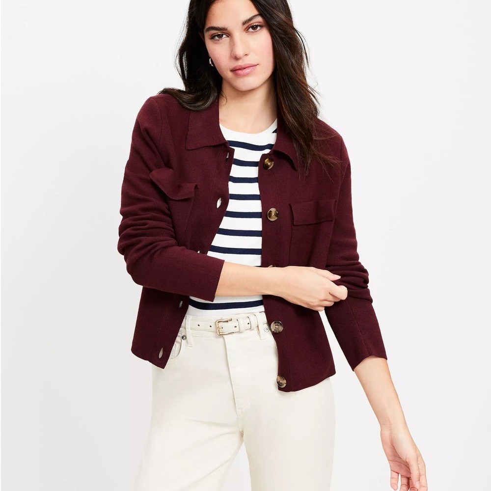 LOFT Collared Sweater Jacket Deep Burgundy NWOT